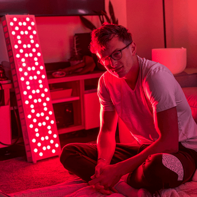 A man sits on the floor next to a Main panel with red lights in a dimly lit room.