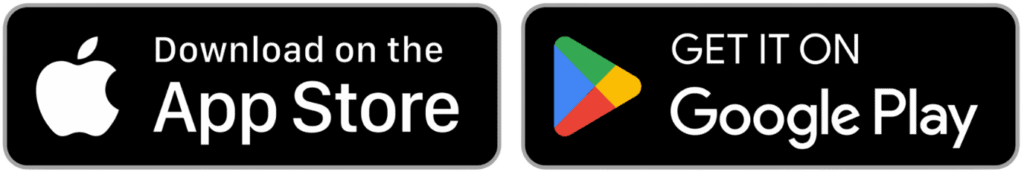 Main download badges for App Store and Google Play are showcased side by side.