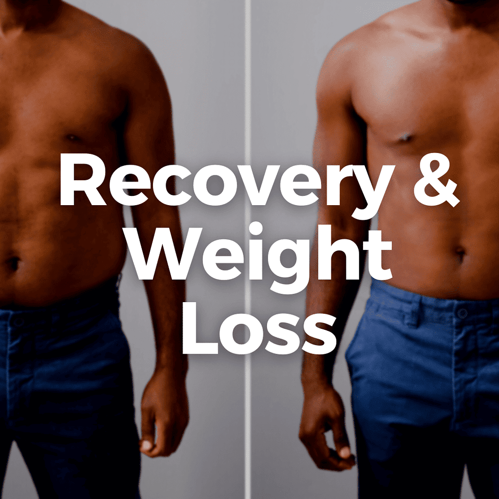 Before and after photo of a man's upper body showing weight loss. The text "Recovery & Weight Loss" is overlaid, highlighting the transformative power of red light therapy in his journey.
