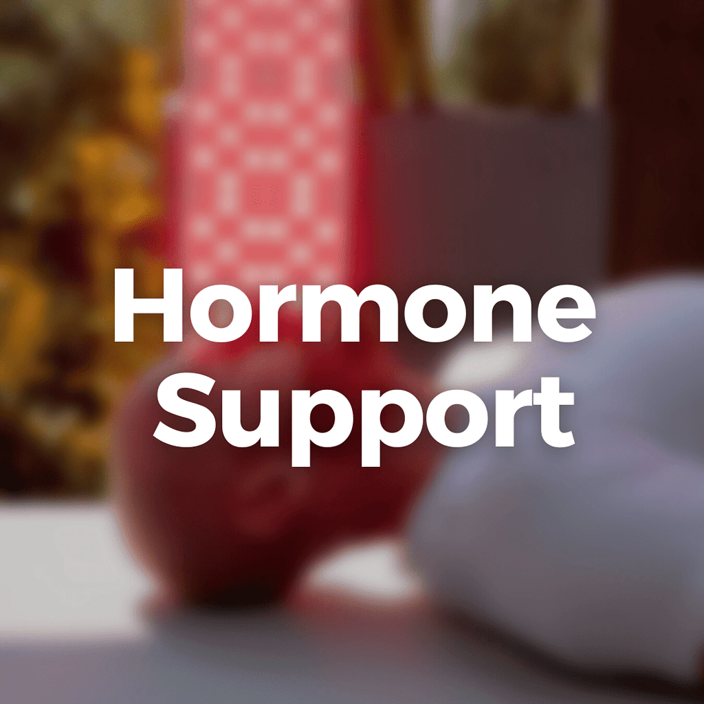 Blurred image with the text "Hormone Support" overlaid on a vibrant background that subtly hints at red light therapy, featuring a soothing blend of softened colors.