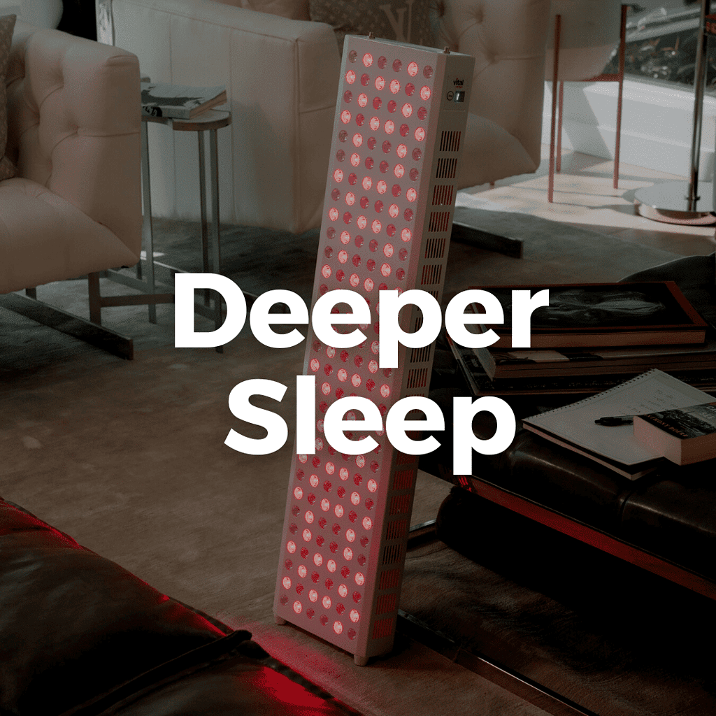 In a cozy living room, a red light therapy device rests on the floor, casting a warm glow. Overlaid with the words "Deeper Sleep," this inviting scene promises relaxation and restfulness.