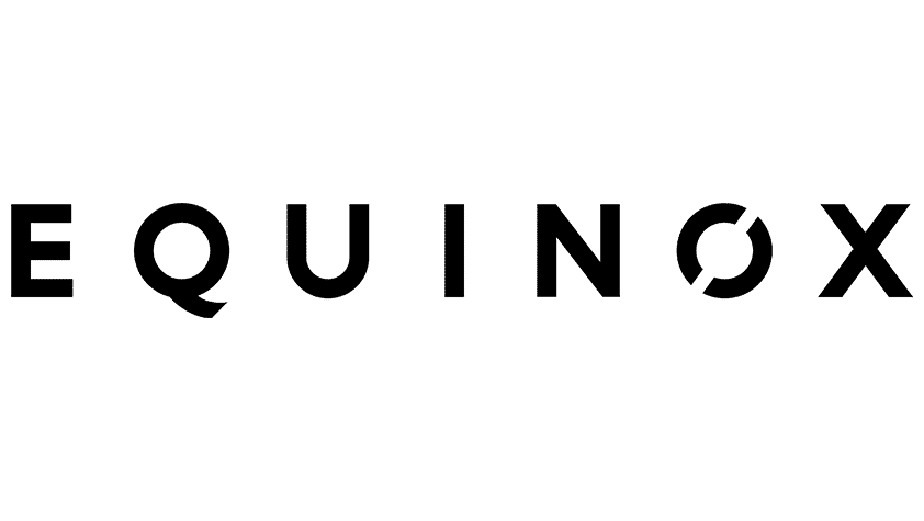 Black text logo with the word "Equinox," where the 'O' is stylized with a diagonal line cutting through it. The crisp design on a white background subtly echoes the relief brought by red light therapy for seasonal depression.