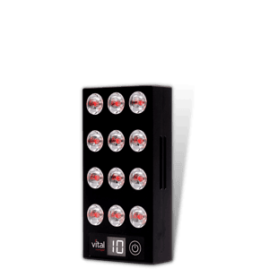 A black rectangular device featuring 12 circular red and white lights, a digital display showing "10," and a power button at the bottom, perfect for managing website backups seamlessly.