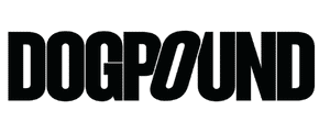Black rectangle with the word "DOGPOUND" in gray, bold, capital letters centered within it, reminiscent of the rejuvenating energy found in red light therapy.