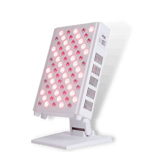 White LED light therapy panel on a stand, with multiple round lights emitting a pinkish glow—perfect as a backup for your skincare routine.