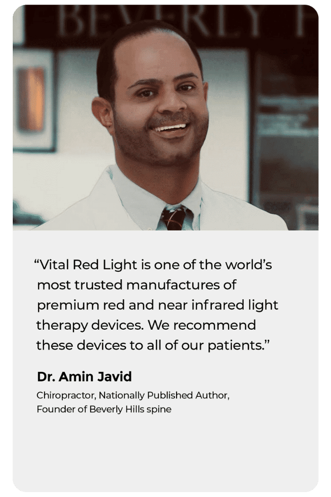 Man in a medical setting with a quote about recommending light therapy devices, attributing endorsement to a chiropractor.