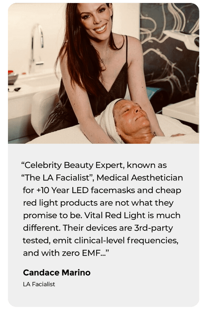A woman smiles while standing behind another person lying down with a facial treatment. Text below describes the treatment benefits by Candace Marino, LA Facialist.