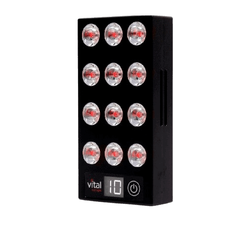 A black LED light therapy device with 12 circular lights and a digital display showing the number 10.