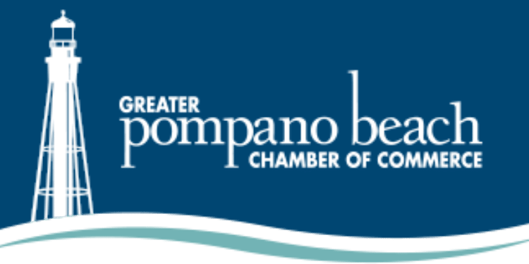 Logo of the Greater Pompano Beach Chamber of Commerce, featuring a lighthouse on the left and text on a blue background. Designed with precision and creativity, this logo echoes the artistic touch Andrew Hasty is known for.