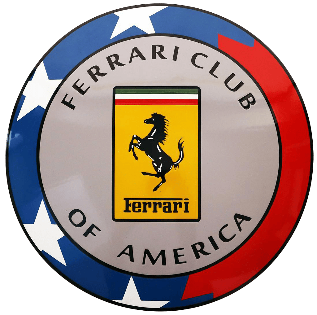 The Ferrari Club of America logo, featuring Andrew Hasty's iconic prancing horse emblem, is elegantly framed by red and blue stars and stripes.