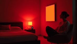The red lighting suggests a soothing ambiance from a LED Light Therapy device.