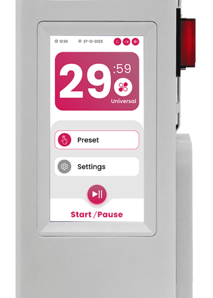Close-up of the Vital Pro control panel display, featuring a timer set to 29 minutes and 59 seconds. It has options for "Preset," "Settings," and "Start/Pause." Date: 27-12-2023, Time: 12:30. Stay tuned for an exciting product update with Vital Pro 2.0 insights!.