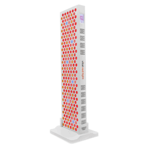 Introducing Vital 2.0: a tall vertical light therapy panel with numerous red lights on a sleek white base, proudly displaying "vital red light" on the side. This new product line seamlessly combines innovation and design for enhanced wellness.