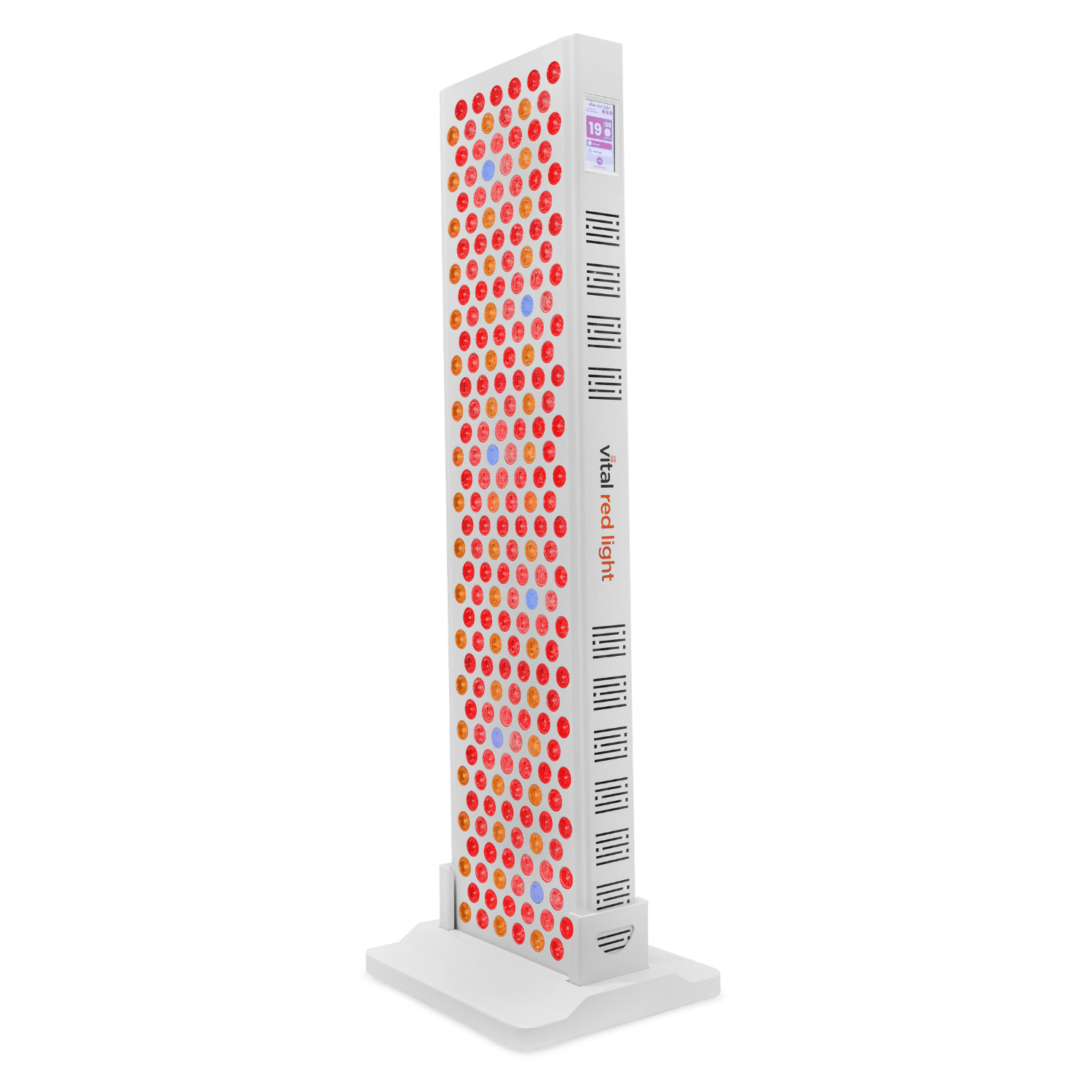 Introducing Vital 2.0: a tall vertical light therapy panel with numerous red lights on a sleek white base, proudly displaying "vital red light" on the side. This new product line seamlessly combines innovation and design for enhanced wellness.