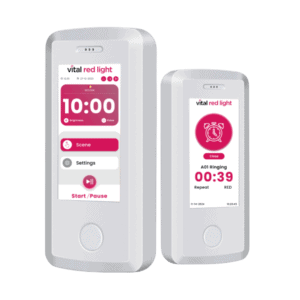 Introducing the Vital 2.0, two sleek white electronic devices with screens displaying a countdown and settings for "vital red light." The screens feature times, "Start/Pause" buttons, and options for brightness and scene settings, ensuring your environment is perfectly tailored.