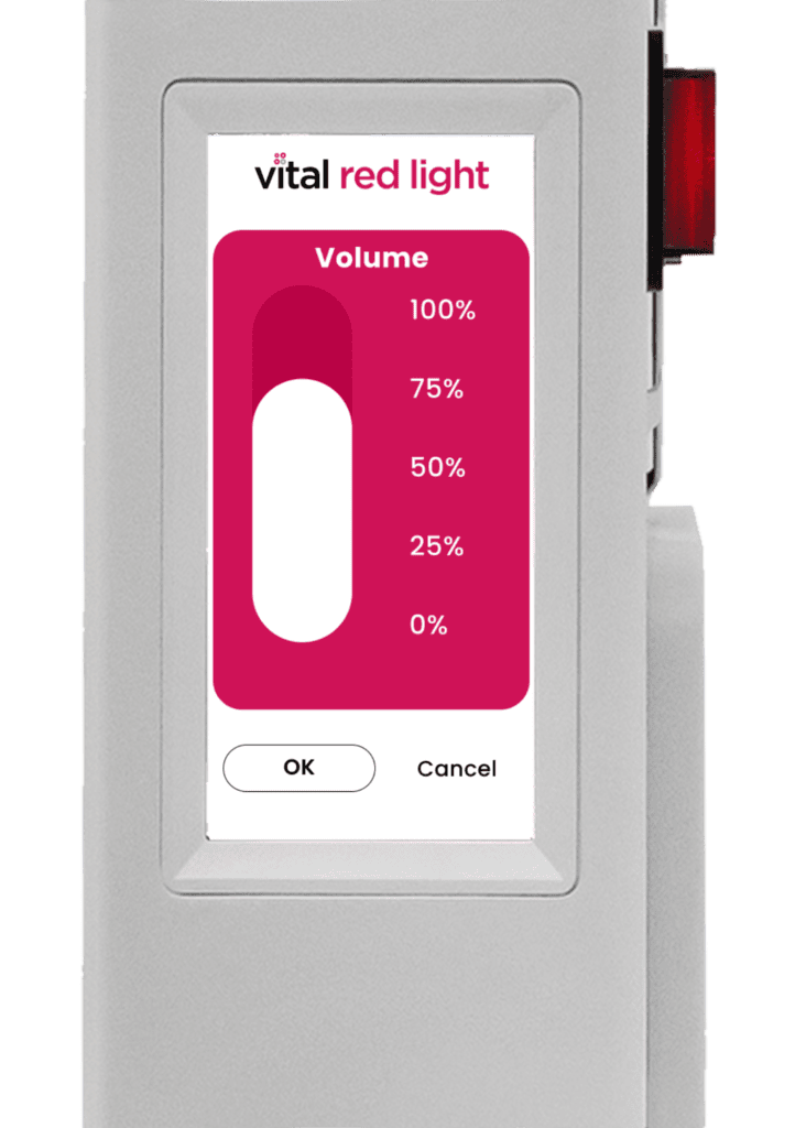 The Vital Pro 2.0 features a sleek digital display showcasing volume levels from 0% to 100%, with convenient "OK" and "Cancel" options, ensuring user-friendly navigation.