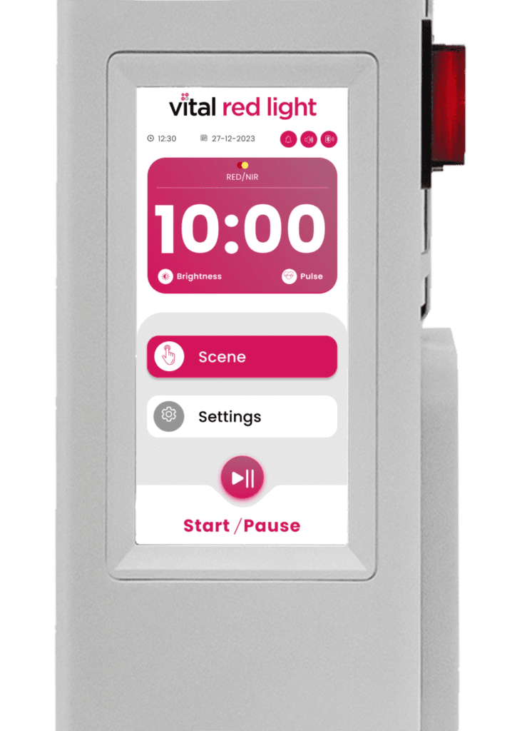 The Vital Pro 2.0 features a screen displaying the time 10:00, along with brightness and pulse controls. It includes scene and settings buttons, plus a start/pause option for your convenience.