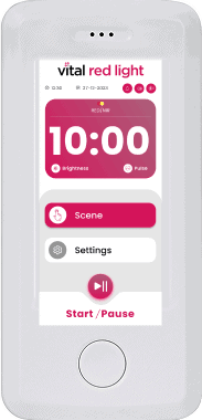 A white handheld device features a smart technology interface for red light therapy, showcasing current time, brightness, pulse settings, and scene selection options. This vital remote offers seamless home automation control at your fingertips.