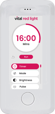 Image of a digital device known as the Vital Remote, displaying a 16-minute timer. The screen shows options for timer, mode, brightness, and pulse. A perfect productivity tool for remote work environments, with the brand "vital red light" visible at the top.