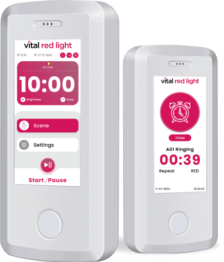 Two white devices from the Vital 2.0 Line feature screens displaying timers and settings for "vital red light." One shows 10:00, while the other reads 00:39 with an alarm icon, and both offer user-friendly interface buttons.