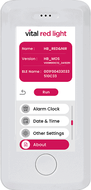 A vital handheld device showcasing options for alarm clock, date & time, other settings, and about. The screen displays a specific BLE name and version information, transforming it into an essential remote control for your daily schedule.