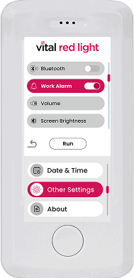 The mobile device showcases the "Vital Red Light" app interface, featuring toggles for Bluetooth, Work Alarm, and controls for volume and screen brightness. With options like Date & Time and Other Settings, it's akin to a remote control for your vital devices.