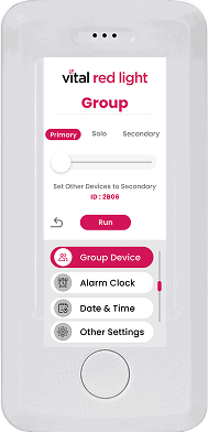 The smartphone showcases the Vital Remote app, integrating healthcare tech with options for setting primary, sole, and secondary groups. It features buttons for group device management, alarm clock, date & time settings, and remote monitoring—revolutionizing health management.