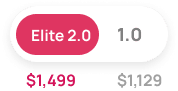 A comparison chart showcases "Vital Elite 2.0" highlighted in red, priced at $1,499, while "1.0" appears grayed out with a price tag of $1,129.