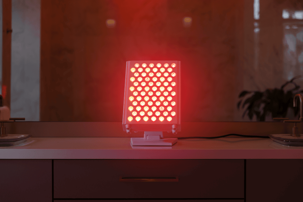 A Vital Pro 2.0 red light therapy device with multiple illuminated LEDs sits on a bathroom counter in front of a mirror.