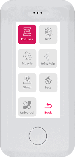 The Vital Pro 2.0 touchscreen displays options: Fat Loss (highlighted), Skin, Muscle, Joint Pain, Sleep, Pets, Universal. A back arrow appears at the bottom for easy navigation through this advanced device's features.