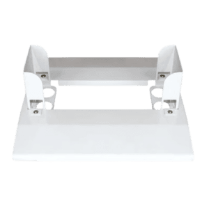 A vital white metal mount with a rectangular base and two vertical brackets featuring screw holes for wall attachment, this accessory ensures stability and ease of installation.