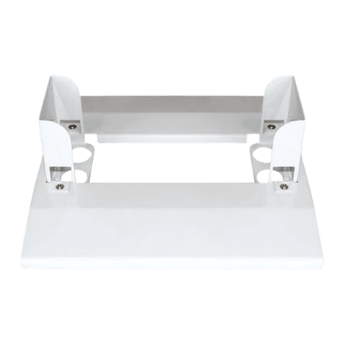 A vital white metal mount with a rectangular base and two vertical brackets featuring screw holes for wall attachment, this accessory ensures stability and ease of installation.